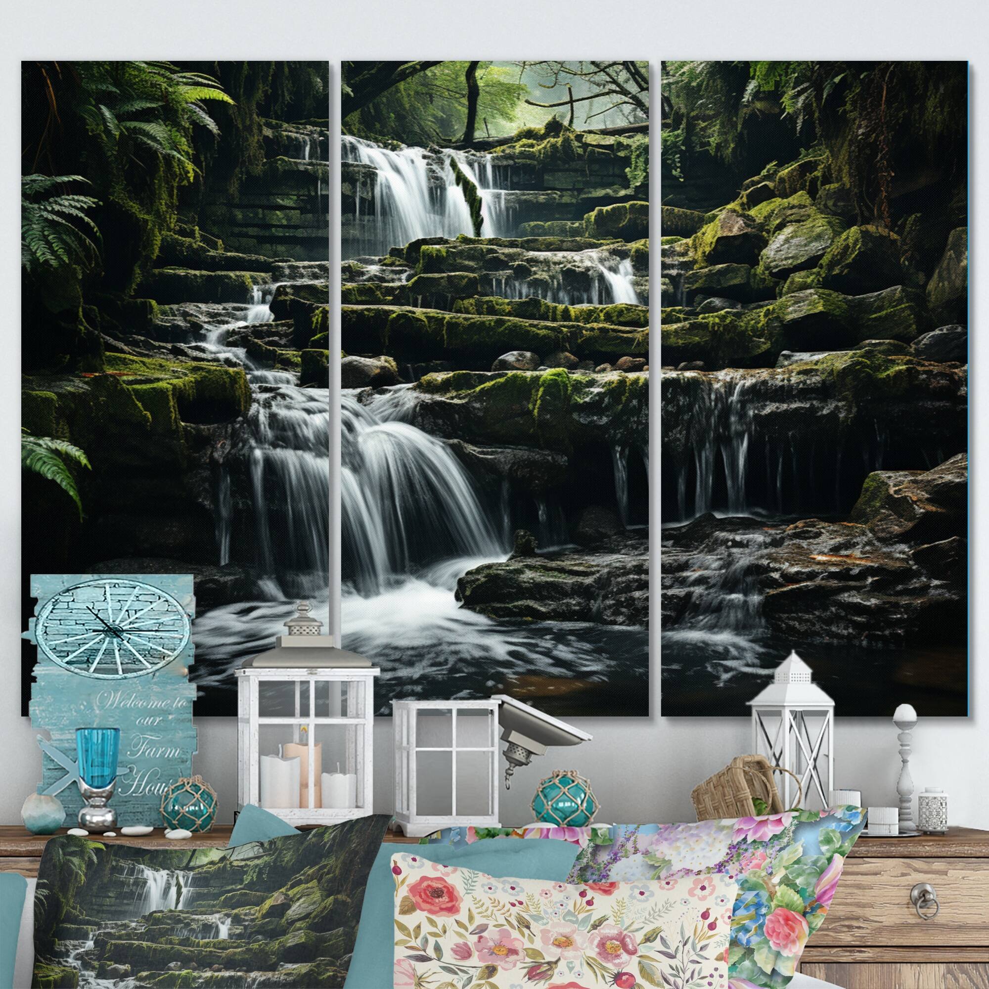 Designart "Waterfall Natures Symphony" Landscapes Canvas Wall Art Set